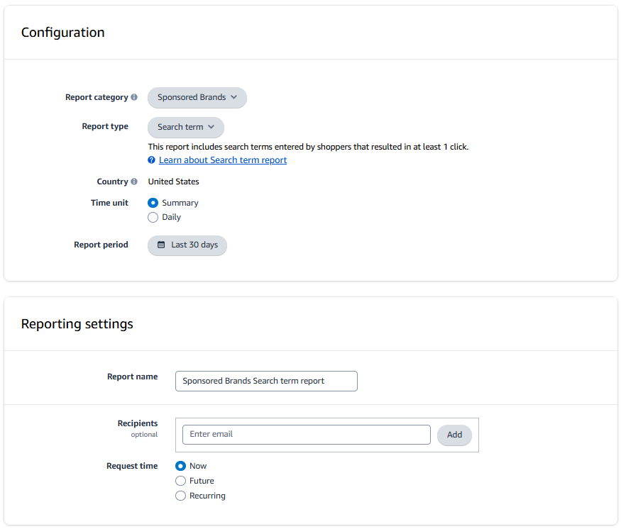 Sponsored Brands Search Term Report configuration